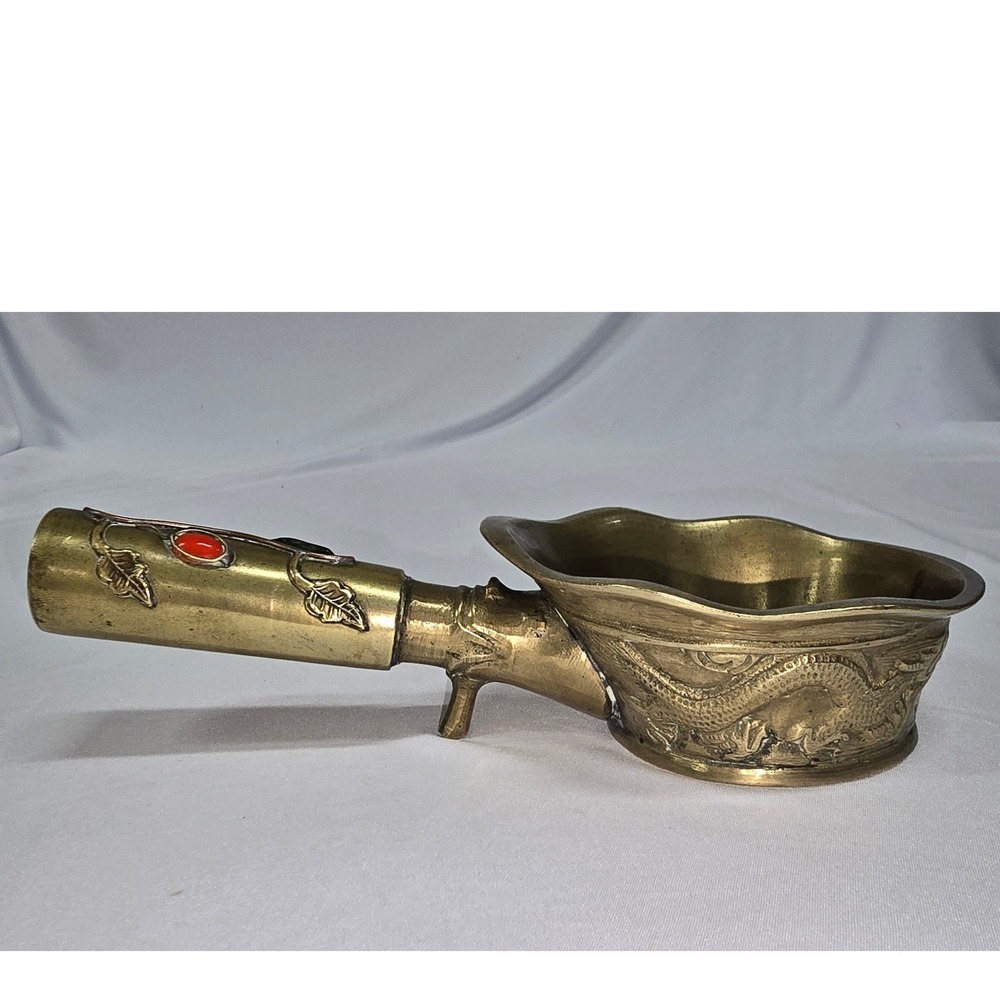 Vintage Chinese Brass Silk Iron Dragon Embossed Stone Inlaid Handle Pan Iron
